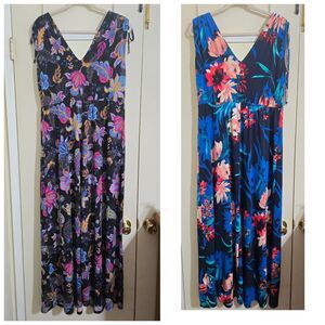 2 IMAN Global Chic Drapey Tiered Floral Dresses Pink Blue Large